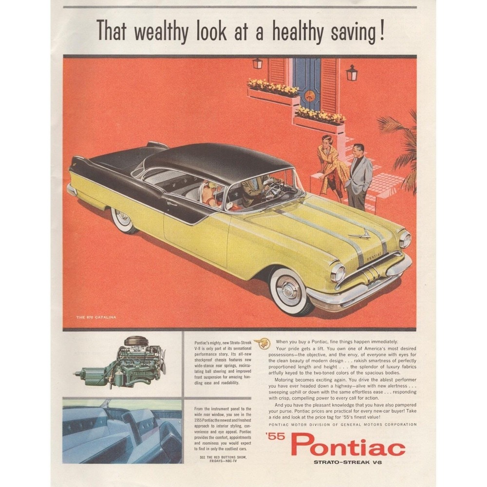 1955 Pontiac Catalina Vintage Print‎ Ad Strato Streak V8 Luxury Spacious GM Co.